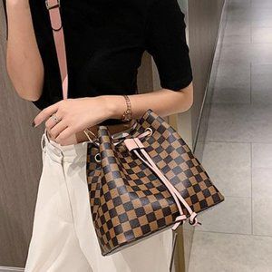 Checkered Bucket Bag - PU Vegan Leather / Brown